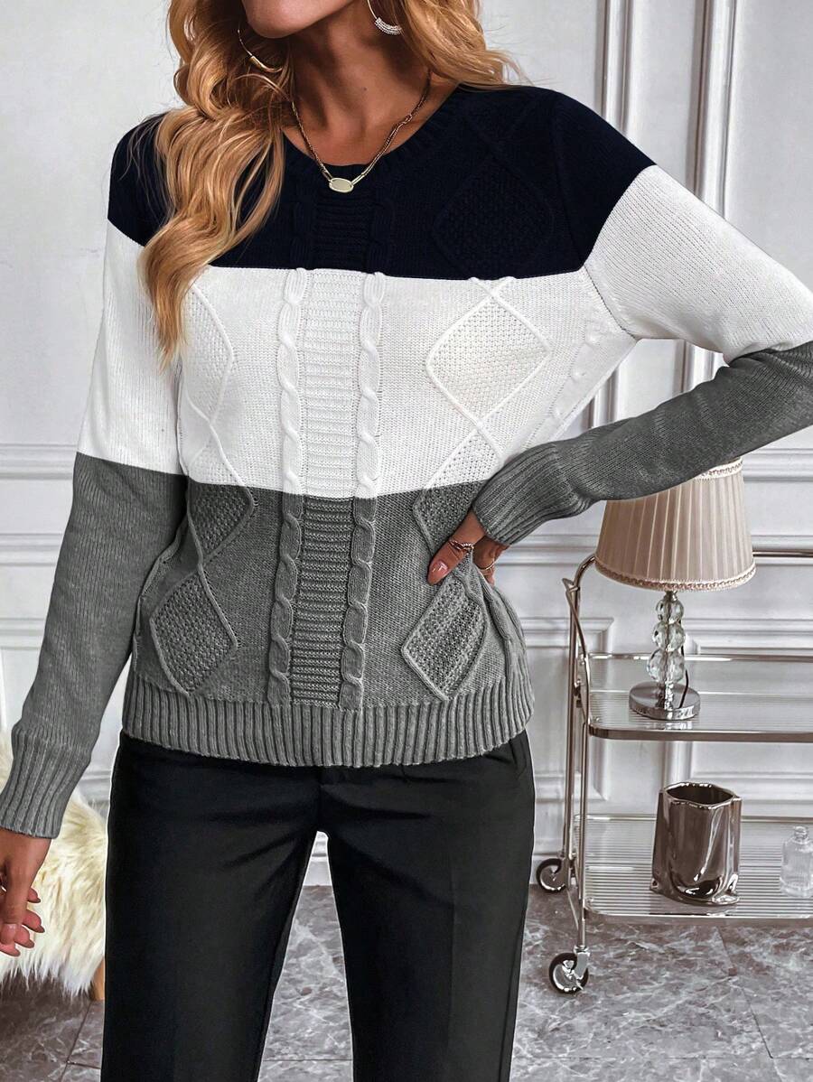 Aya - Colour-Block Cable Knit Jumper