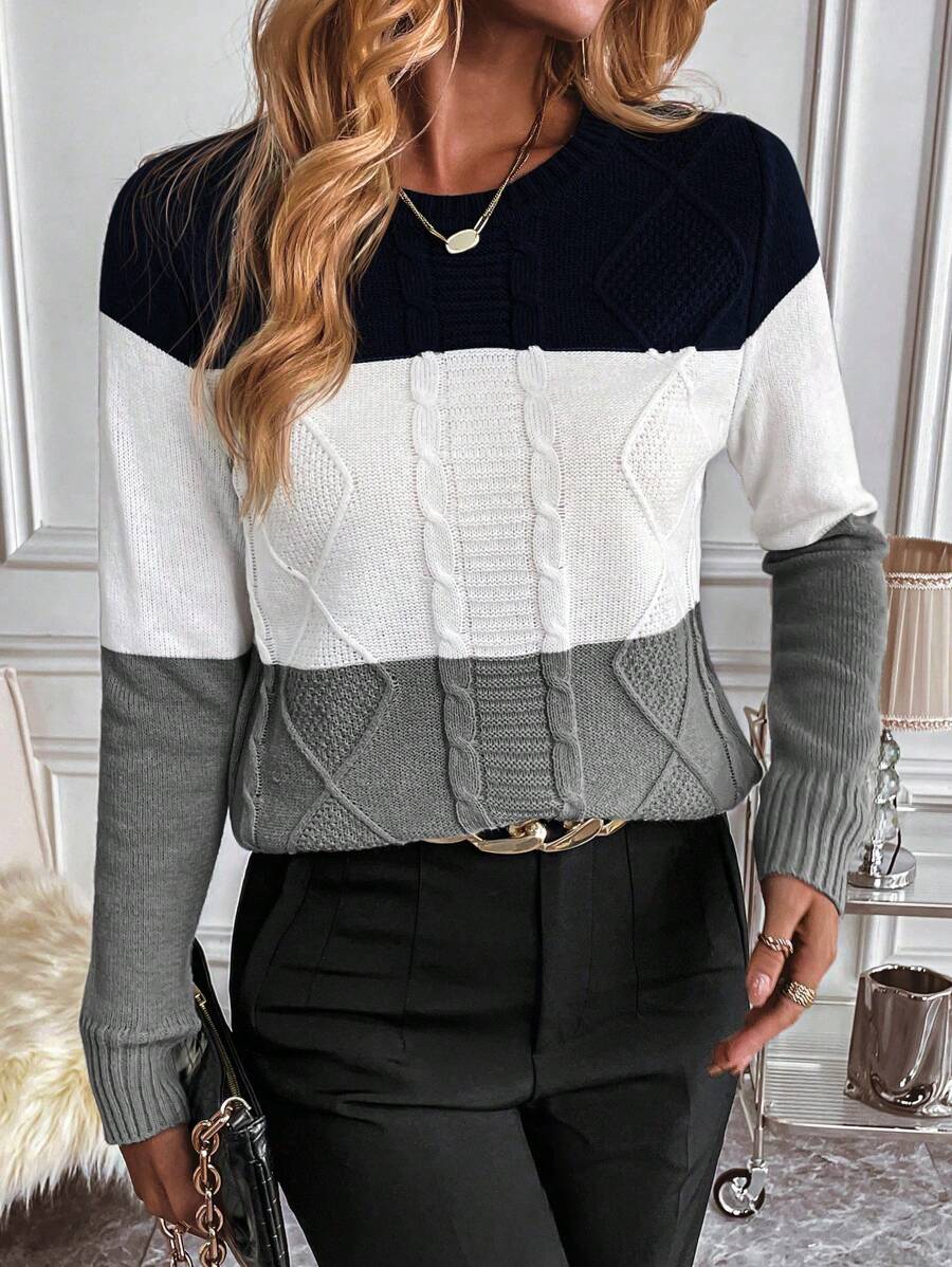 Aya - Colour-Block Cable Knit Jumper