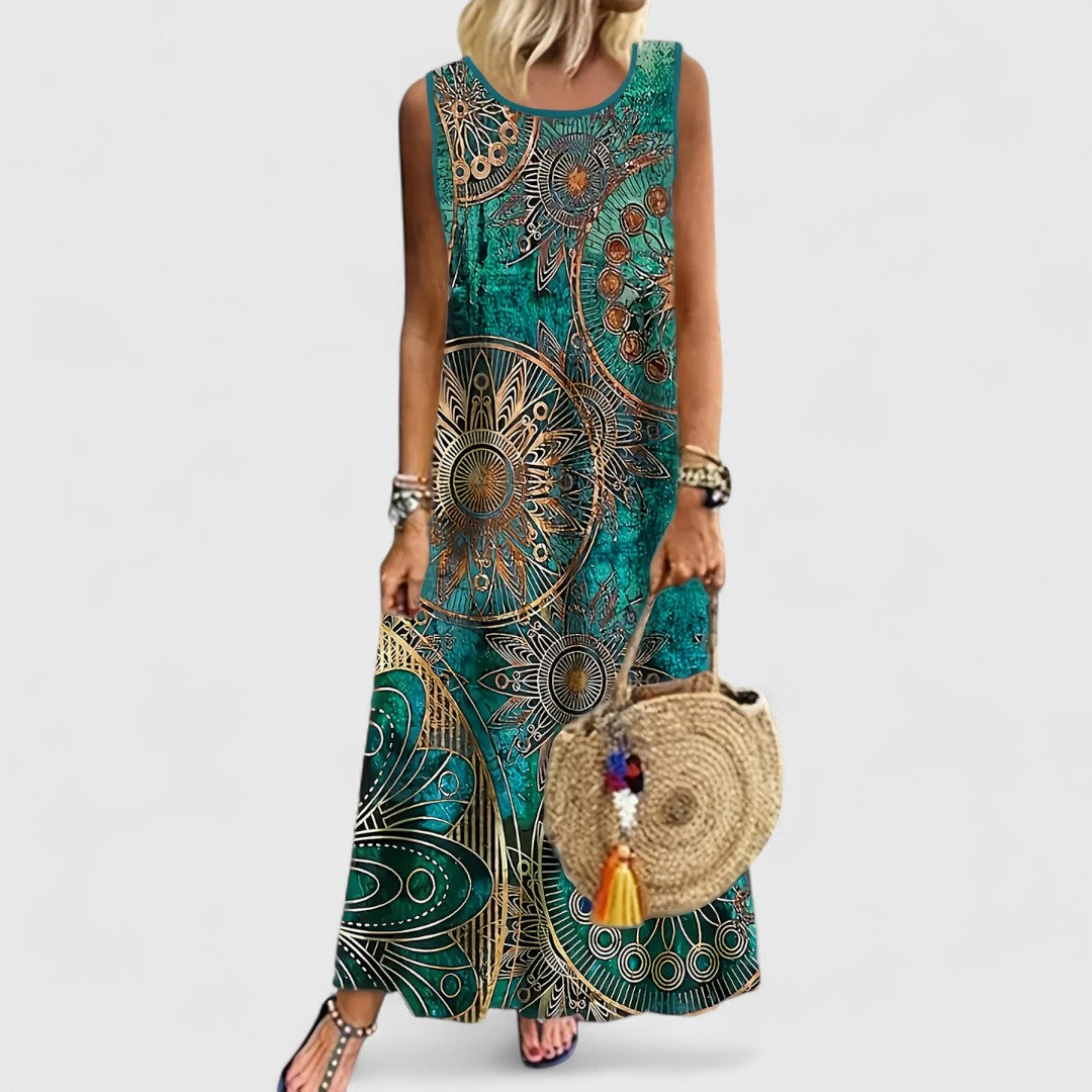 Fenne - Sleeveless Print Tummy Covering Maxi Dress