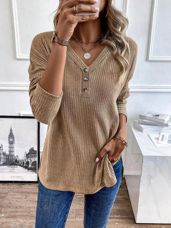 Amelia - Ladies’ Buttoned V-Neck Knit Top