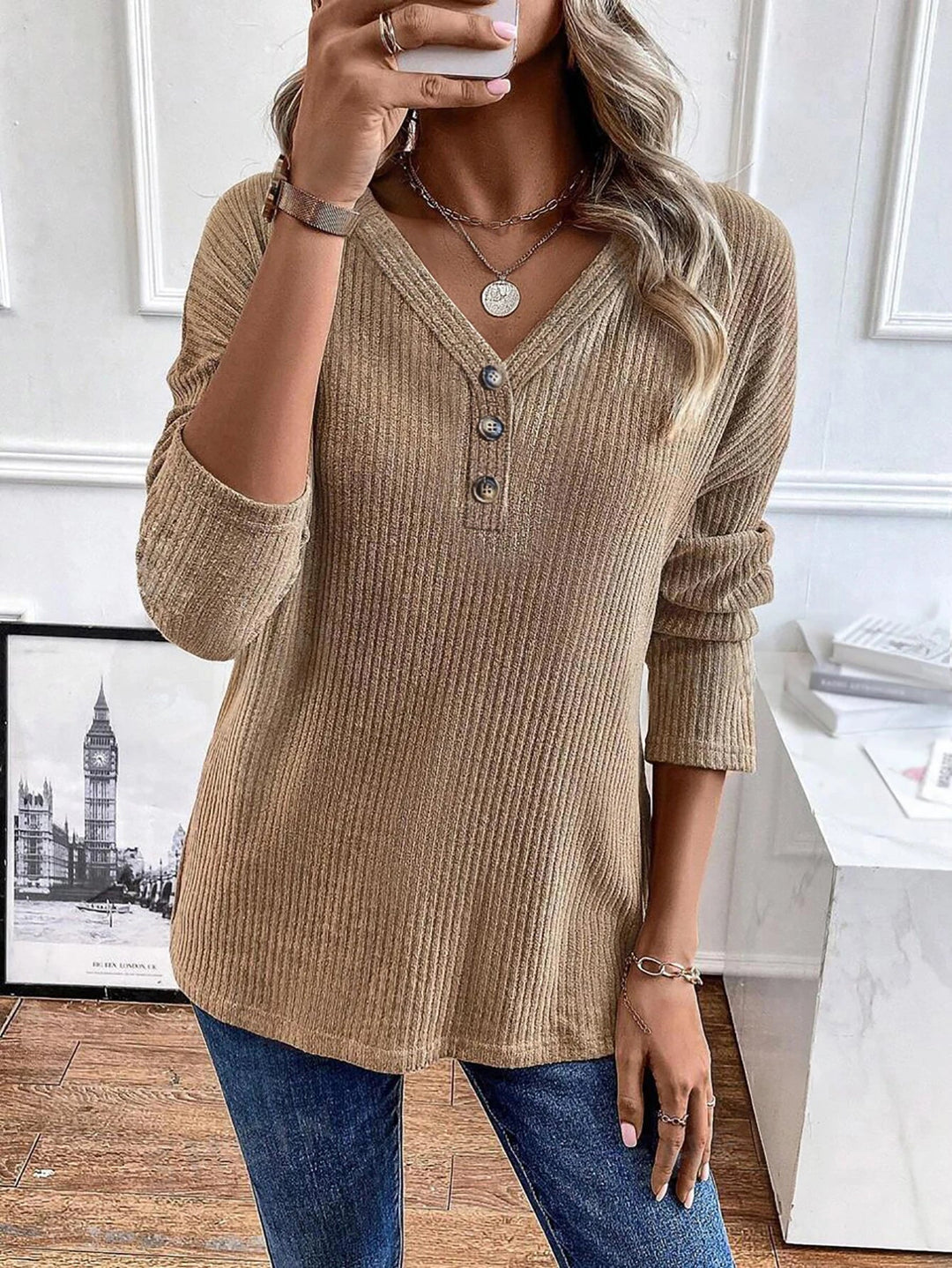 Amelia - Ladies’ Buttoned V-Neck Knit Top
